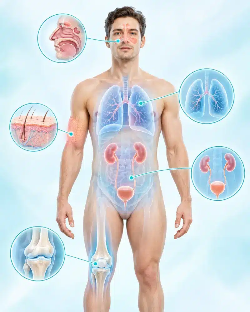 Illustration médicale des zones du corps pouvant être touchées par des infections bactériennes : sinus, poumons, peau, voies urinaires et articulations