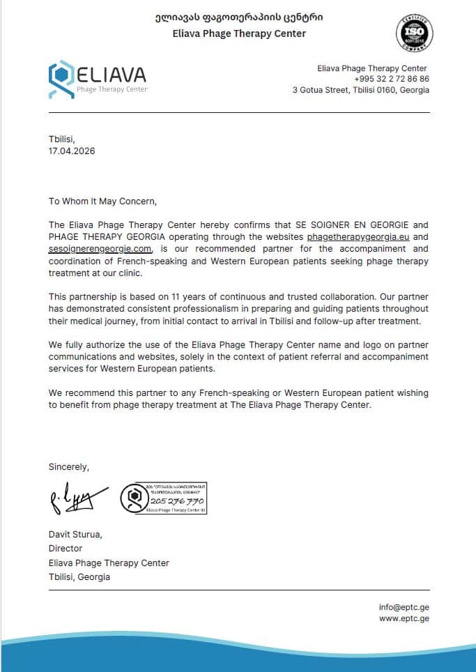 Lettre officielle de partenariat entre l'Eliava Phage Therapy Center et Se Soigner en Géorgie, signée par Davit Sturua, Directeur, avril 2026