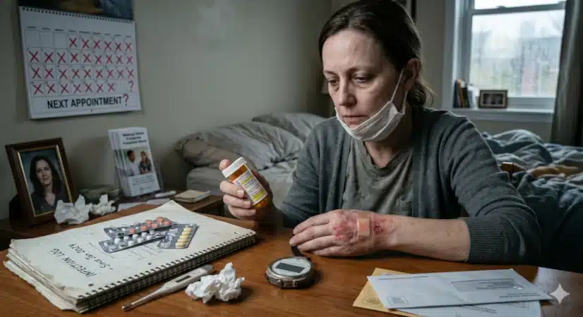 Patiente souffrant d'une infection chronique résistante attendant son traitement.